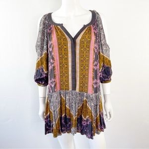 Free People Multicolor Damask Print Cold Shoulder Mini Dress Tunic Size XS